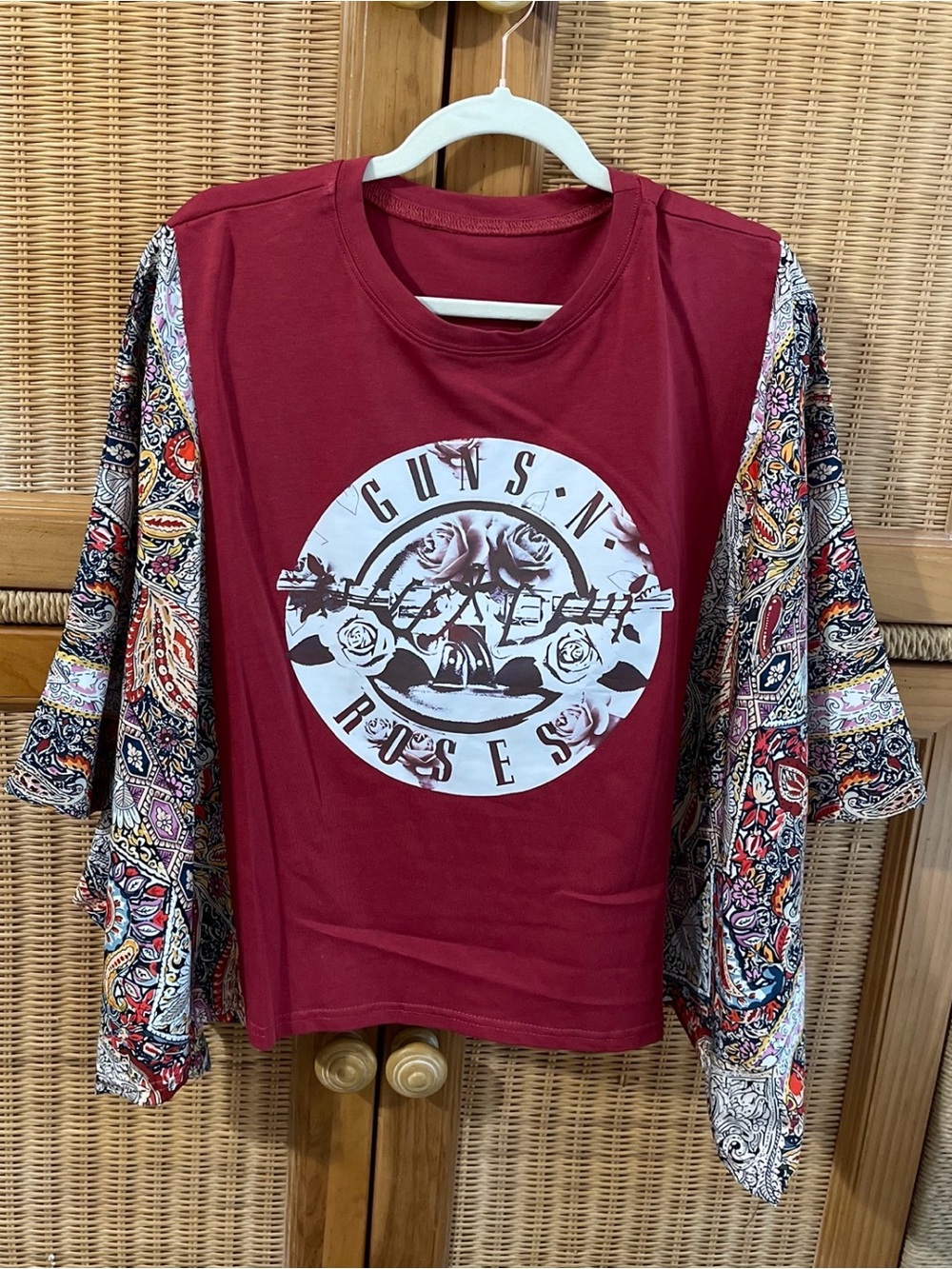 Guns N' Roses Burgundy Graphic Tee with Paisley Sleeves